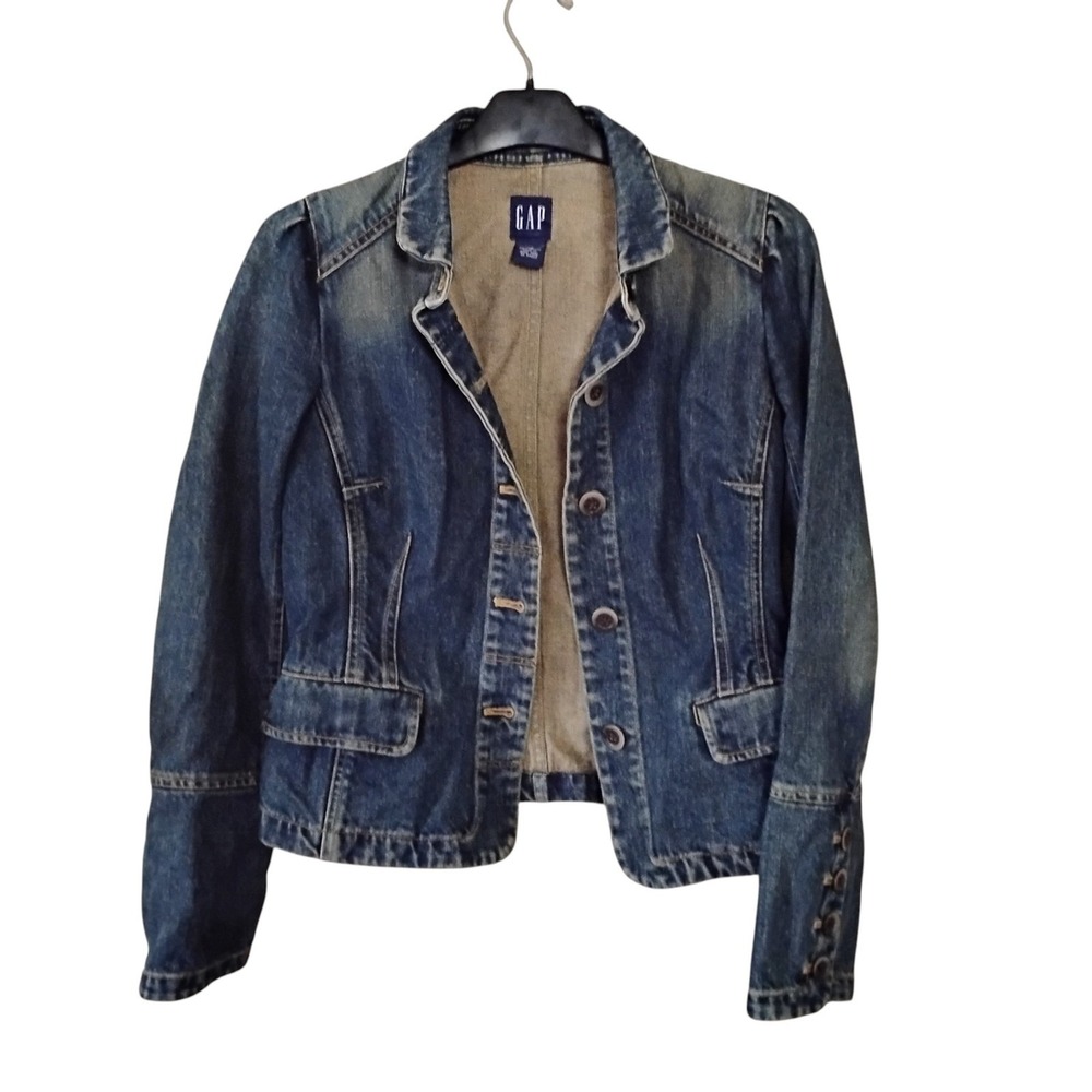Gap Denim Blazer Jacket Medium Wash Cotton Button Front XS Vintage Style